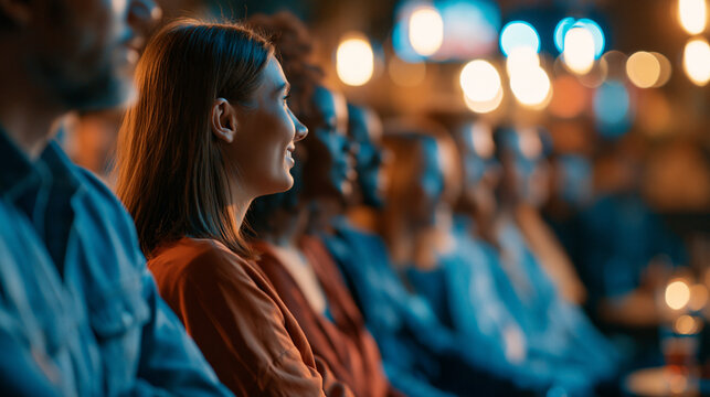 Faceless group of friends enjoying a live comedy show together laughing and watching a performance in a club. Defocused club background. Friends comedy show, laughing performance,
