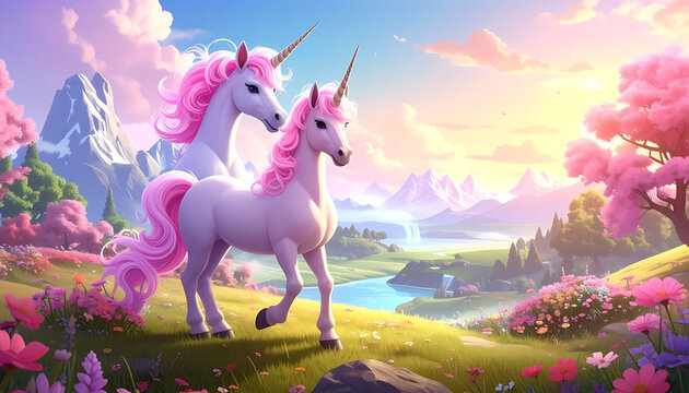 Two magical unicorns with pink manes and tails in a vibrant fantasy landscape with rolling hills, distant mountains, and a sparkling river at sunset, dreamlike, whimsical scene
