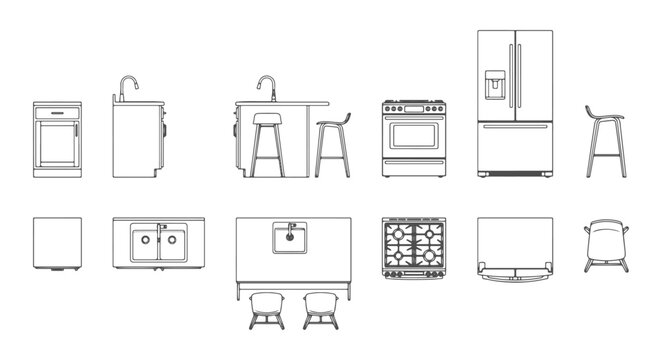 Collection of Kitchen Interior Architectural Line Art Icons with Front and Top View Elevations for Floor Plan Design