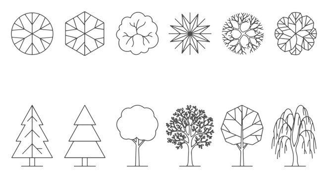 Collection of Architectural Tree Symbols and Landscape Plant Icons with Plan and Elevation Views for Site Map Design