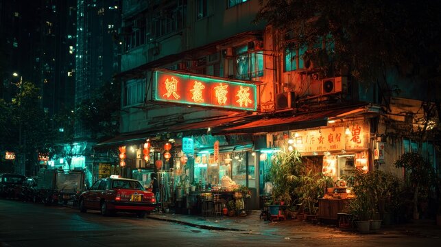 Vibrant Night Market Scene in Urban City with Neon Lights and Shops
