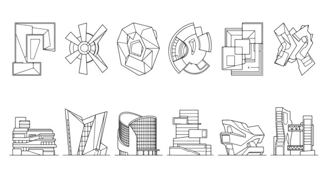 Collection of Modern Architectural Building Form Line Art Icons with Abstract Plan and Elevation Views for Urban Design