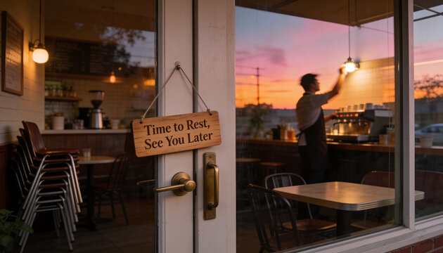 Cozy Coffee Shop Closing During Vibrant Golden Hour Sunset