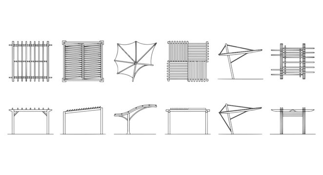 Collection of Modern Pergola and Outdoor Canopy Architectural Line Art Icons with Plan and Elevation Views for Landscape Design