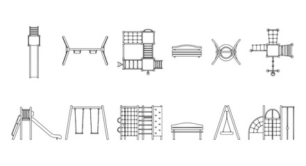 Fototapeta na wymiar Collection of Children Playground Equipment Architectural Line Art Icons with Top View Plan and Side Elevation for Park Design