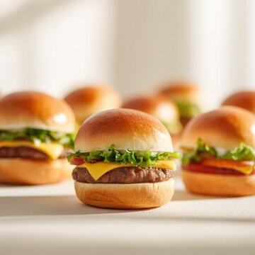 A selection of fresh and delicious cheeseburgers with lettuce and juicy patties arranged on a light surface perfect for a family meal or casual gathering