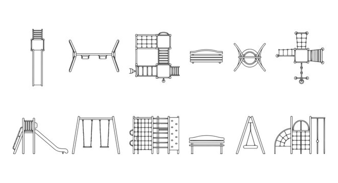 Collection of Children Playground Equipment Architectural Line Art Icons with Top View Plan and Side Elevation for Park Design