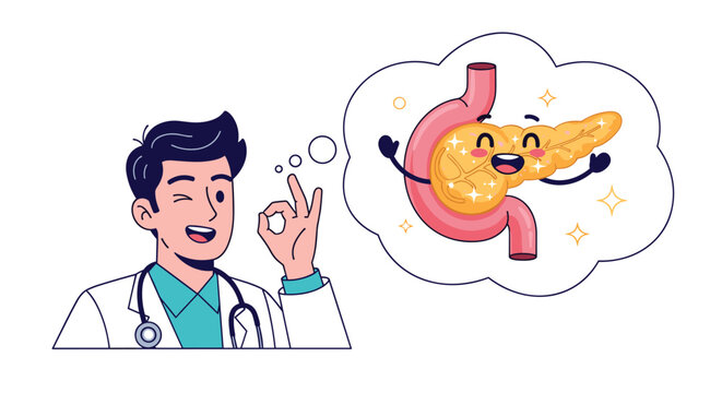 Happy male doctor winking and giving an okay sign while thinking about a healthy and smiling pancreas and stomach system, promoting digestive health.