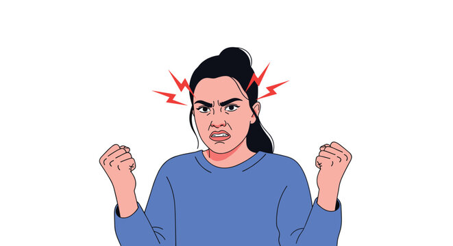 Frustrated woman clenching her fists with red lightning bolts around her head showing signs of intense anger stress or a painful migraine.