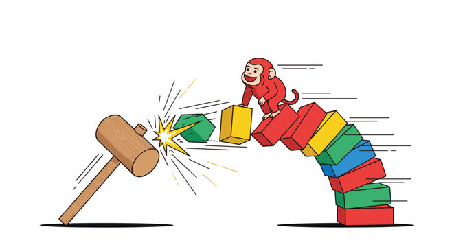 Playful red monkey jumping over a stack of colorful building blocks being knocked over by a large wooden hammer in a dynamic action scene.