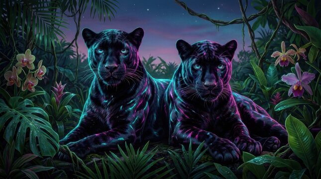 A dramatic, technicolor portrait of a black panther with neon-like cyan, magenta, and purple reflections, in a twilight jungle setting.