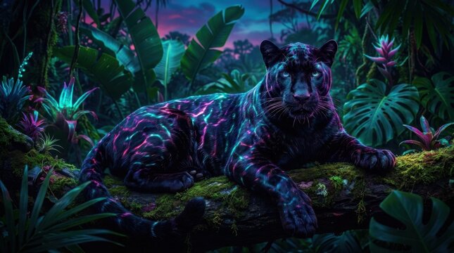 A dramatic, technicolor portrait of a black panther with neon-like cyan, magenta, and purple reflections, in a twilight jungle setting.