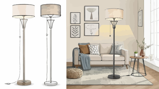 Illustration of modern floor lamps in a living room setting with furniture