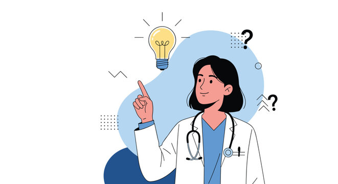 Female doctor in a lab coat points upward at a glowing light bulb representing a medical idea or clinical innovation.