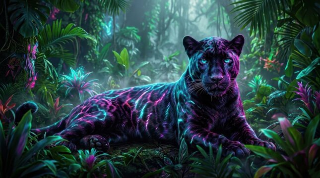 A dramatic, technicolor portrait of a black panther with neon-like cyan, magenta, and purple reflections, in a twilight jungle setting.