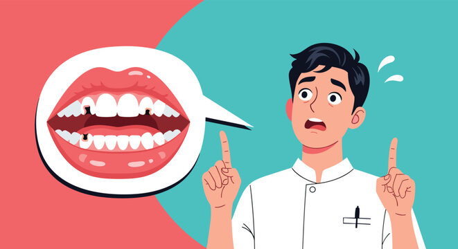 Male character in white uniform looking shocked and sweating while pointing to a mouth diagram with decayed black teeth and cavities.