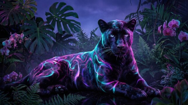 A dramatic, technicolor portrait of a black panther with neon-like cyan, magenta, and purple reflections, in a twilight jungle setting.