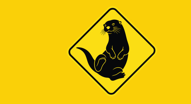 Yellow diamond road sign with a black otter silhouette sitting upright to warn drivers of wildlife crossing in the area ahead.