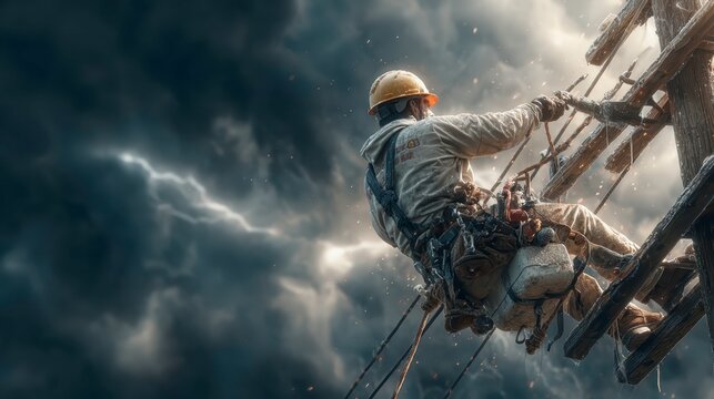 Dedicated Worker Climbing Utility Pole Under Dramatic Skies