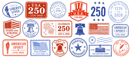 USA independence 250th anniversary grunge rubber stamps collection, celebrating 1776-2026 with patriotic symbols