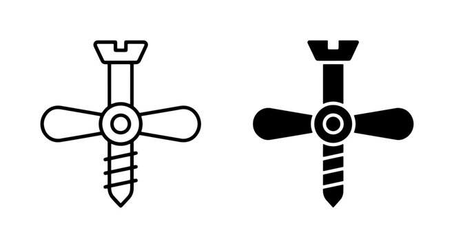 Drywall Anchor Icons, Fastener Symbols, Construction Hardware, Metal Screw Vector Graphics