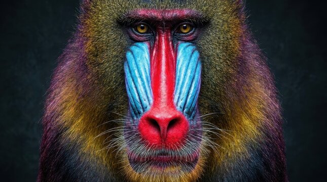 A dramatic, highly detailed studio portrait of a mandrill, focusing on the vibrant red, blue, and purple colors of its face.