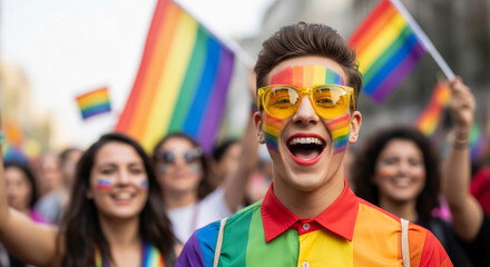 Fototapeta premium Joyful person with rainbow face paint and bright sunglasses at a pride event, symbolizing celebration, diversity, and LGBTQ+ pride, representing community and acceptance