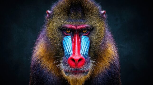 A dramatic, highly detailed studio portrait of a mandrill, focusing on the vibrant red, blue, and purple colors of its face.