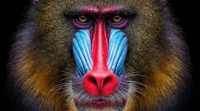 A dramatic, highly detailed studio portrait of a mandrill, focusing on the vibrant red, blue, and purple colors of its face.