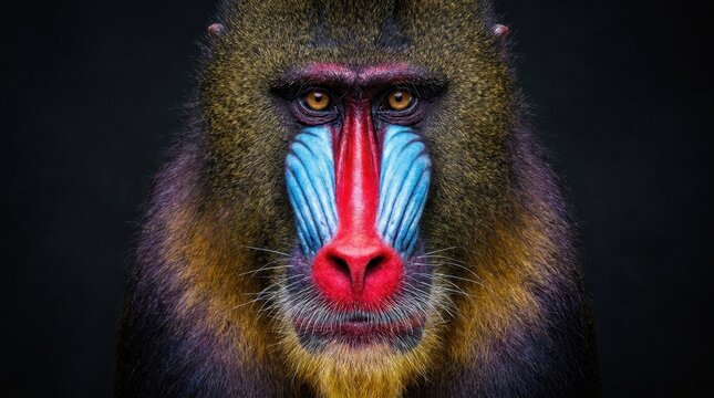 A dramatic, highly detailed studio portrait of a mandrill, focusing on the vibrant red, blue, and purple colors of its face.