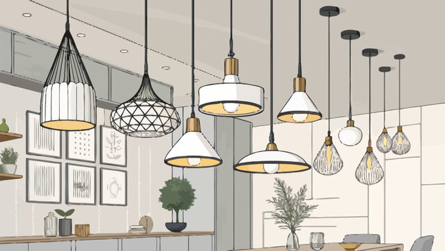 Modern kitchen interior with various hanging lamps and decorative plants on table