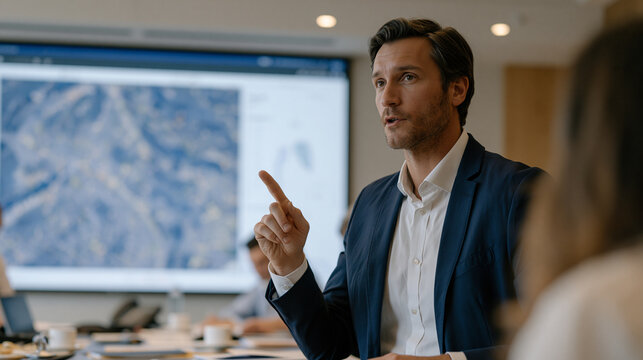Air quality index data analyst presenting particulate pollution findings to municipal health committee in government meeting room, aerial neighborhood maps and respiratory illness