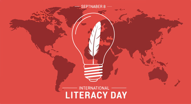 Global celebration of literacy day with a world map background and a light bulb symbolizing knowledge and education