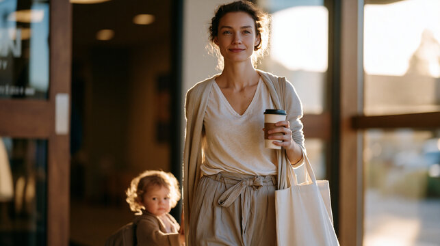 Mother rushes through daycare entrance at 7am gripping travel mug and tote bag, toddler clinging to her leg at drop-off doorway, working parent guilt, morning routine chaos,