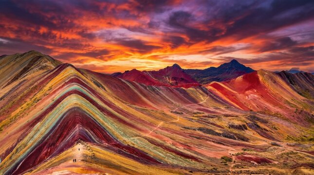 A wide-angle, highly saturated wallpaper of a dramatic sunset over the colorful stratified Rainbow Mountains, full of vibrant layers.