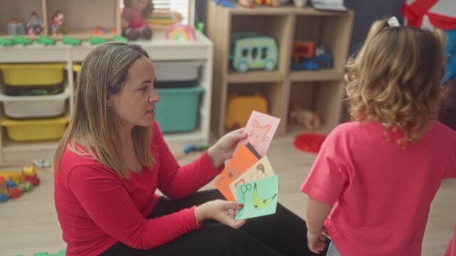 Woman teacher holds illustrated flashcards and points to pictures while kneeling beside a little girl in a preschool building; engagement.