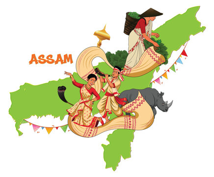 Assam Map with Bihu Dance Tea Garden and One Horned Rhino Illustration