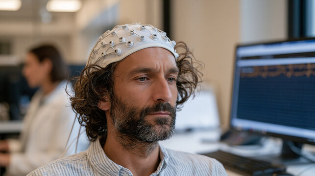 Memory formation neuroscience study participant wearing electrode cap in sterile brain imaging suite, research technician monitoring EEG readout on adjacent monitor, cognitive