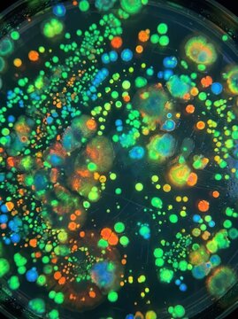 The image shows a microscopic view of a cell culture. Numerous cells, stained with fluorescent dyes, are densely packed within a petri dish.