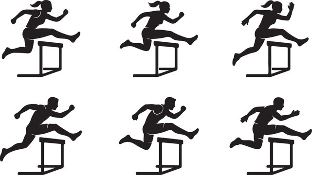 Black silhouettes of people running over hurdles