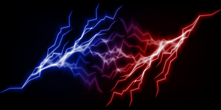 Flash tunder collision red and blue background, versus banner. Confrontation concept, competition vs match game. Battle game background. Versus Vector.