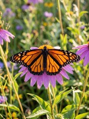 Obraz premium A monarch butterfly perches delicately on a pink coneflower. The butterfly’s vibrant orange and black wings contrast beautifully with the flower’s soft pink petals.