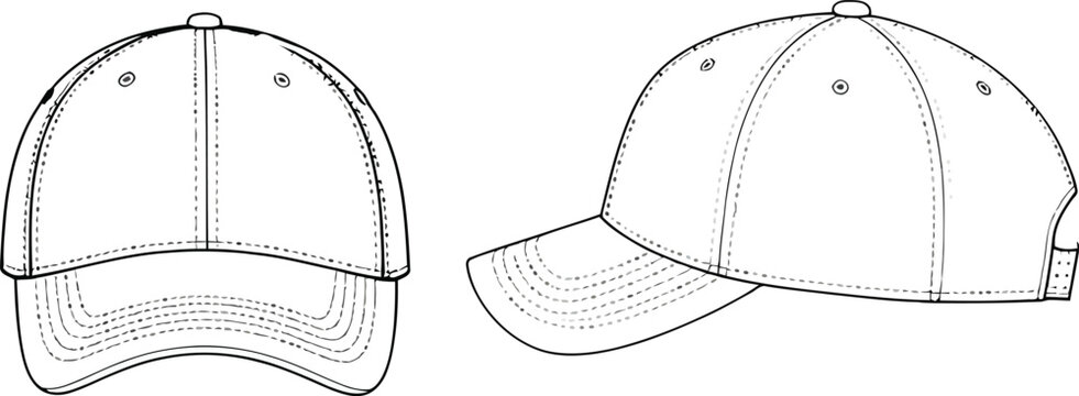 Baseball cap drawing, front and side view, simple line CAD art sketch, fashion accessory isolated on transparent background, Vector, illustration