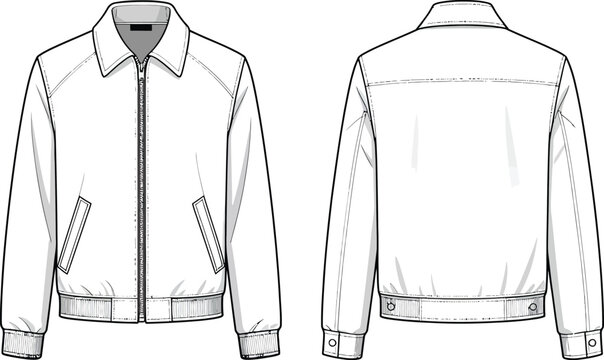 Front and back view of a simple white bomber jacket technical drawing, fashion CAD illustration isolated on transparent background, Vector, illustration