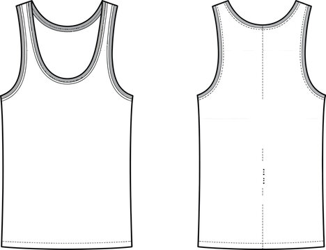 Front and back view of a simple white tank top t-shirt, clean CAD design, basic clothing item for summer wear isolated on transparent background, Vector, illustration