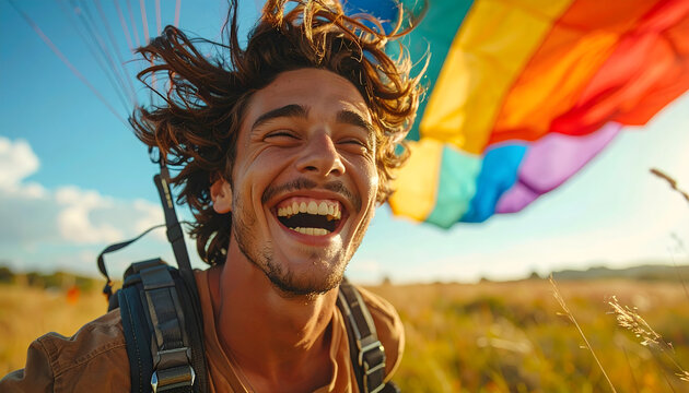 Man just after landing laughing and pulling in his colorful parachute standing on a grassy field with wind swept hair generative ai