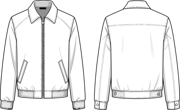 Front and back view flat fashion sketch of a classic bomber jacket with zipper and pockets, clean lines for technical CAD drawing and apparel design isolated on transparent background, Vector