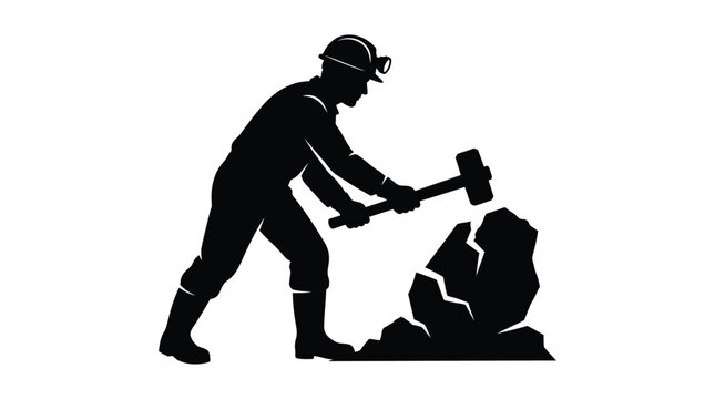 Miner silhouette breaking rock with hammer isolated on a white background