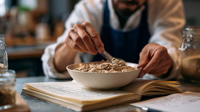 Hands examining grain bill beside notebook calculations on kitchen counter, home brewer recipe scaling for five-gallon batch, ingredient proportion mathematics, amateur craft beer