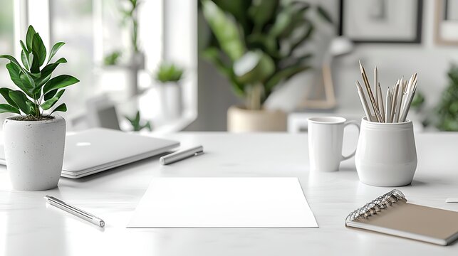 Serene Workspace: A minimalist desk setup with a laptop, notebook, coffee mug, and potted plants creates a calm and organized environment for focused work or creative endeavors.